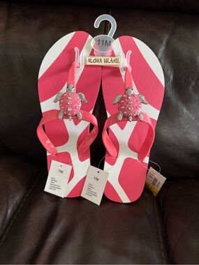 Aloha Island Pink & White Turtle Embellished Flip Flops